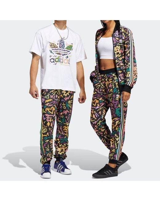 Adidas Black Originals Geometry Pattern Full Print Printing Stripe Casual Pants/Trousers for men