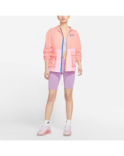 Nike Pink (Wmns) Sportswear Icon Clash Pattern Embroidered Contrasting Colors Light Woven Hooded Jacket Deep
