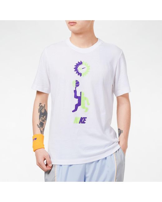 Nike White Basketball Sports Contrasting Colors Printing Round Neck Short Sleeve for men