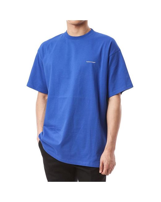 Balenciaga Blue Small Logo Print Cotton T-Shirt for men