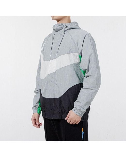 Nike Gray Sportswear Swoosh Contrasting Colors Large Logo Hooded Woven Jacket for men