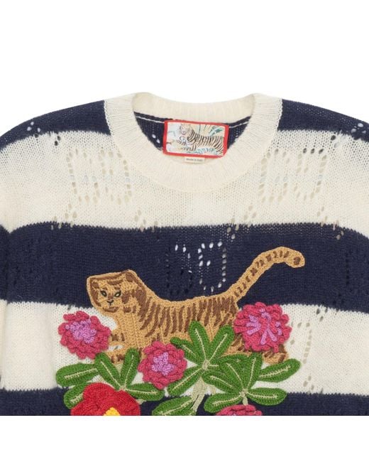 Gucci Blue (Wmns) Tiger Wool Sweater With Embroidery Tiger And Flower 'Ivory'