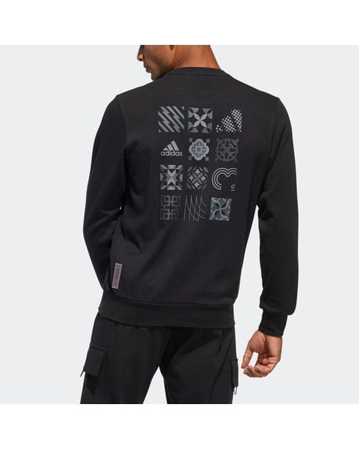 Adidas Black Cny Gfx Crew2 Limited Back Printing Stripe Sports Round Neck Pullover for men