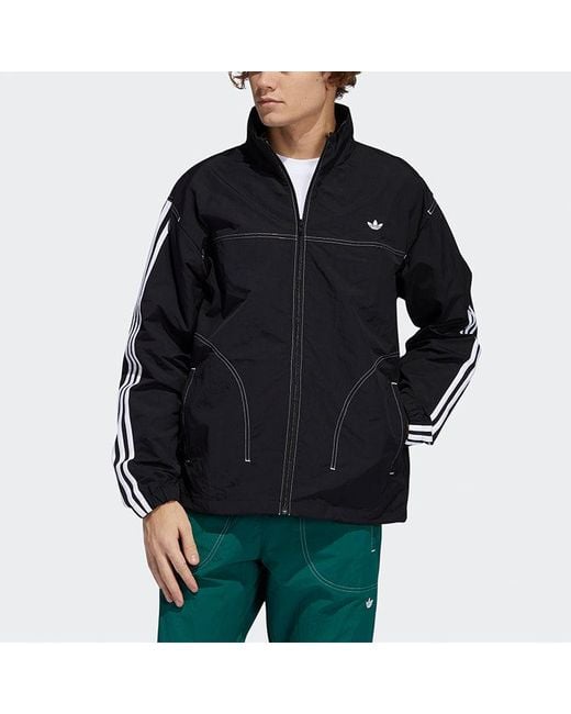 Adidas Black Originals Embroidered Logo Stand Collar Sports Jacket for men