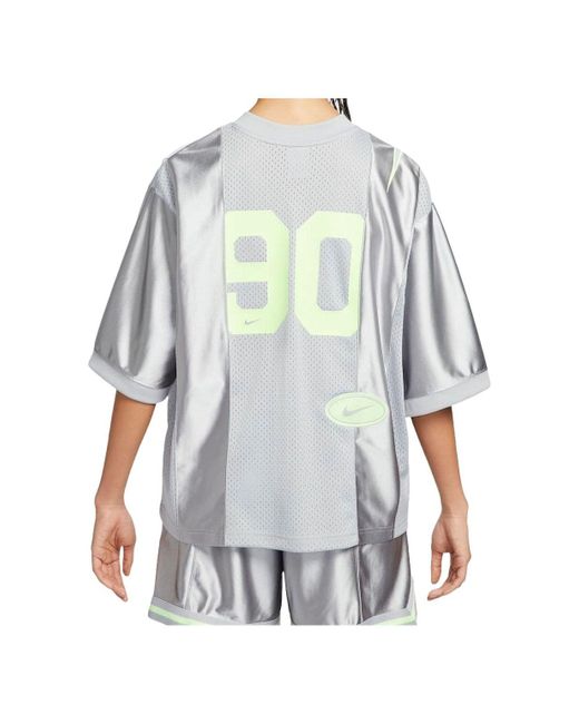 Nike Gray (Wmns) Sportswear Street Oversized Graphic Jersey Top Asia Sizing 'Smoke Barely Volt'