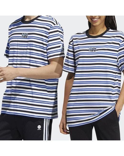 Adidas Blue Neo Sw Strp Rng T Contrasting Colors Stripe Sports Short Sleeve Couple Style for men