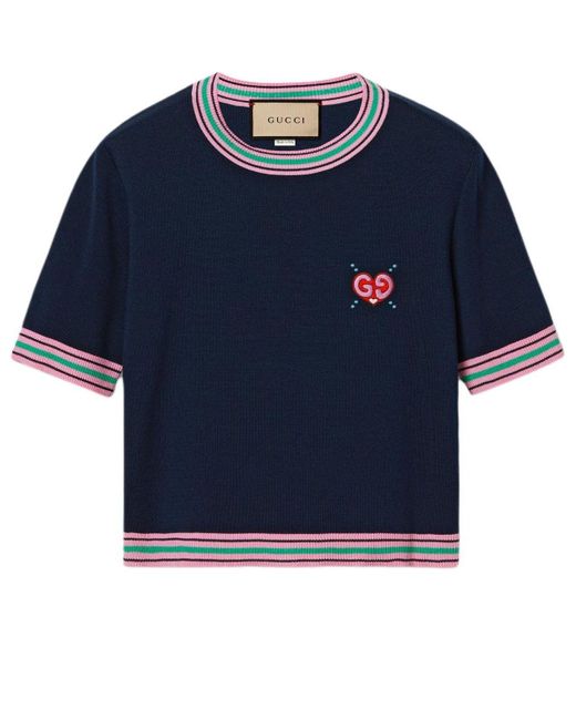 Gucci Blue Fine Knit Sweater With Embroidery