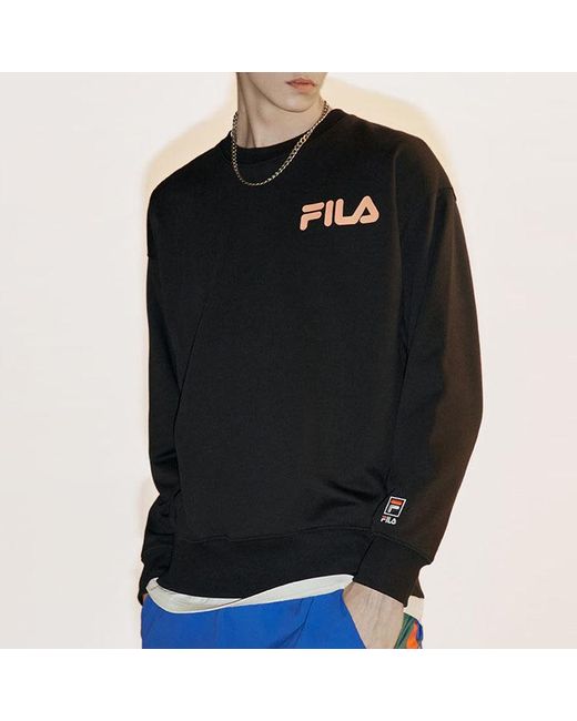 Fila Black Alphabet Logo Printing Sports Round Neck Pullover Couple Style
