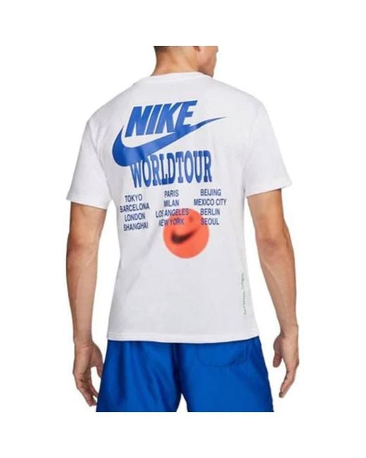 Nike White Sportswear Around The World Subject Embroidered Alphabet Logo Ribbed Round Neck Short Sleeve T-Shirt for men