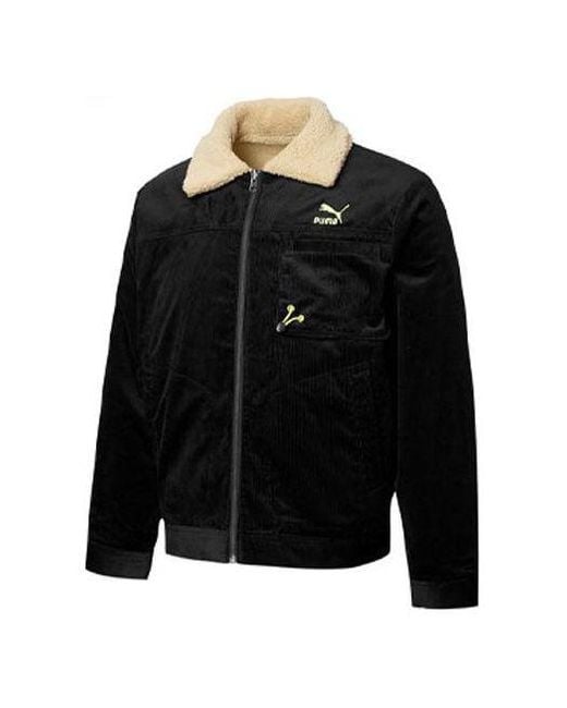 PUMA Black Cord Embroidered Logo Reversible Plush Corduroy Jacket for men