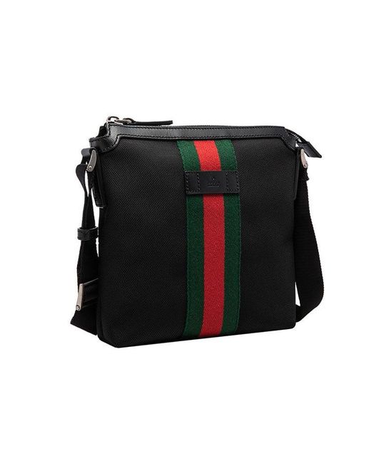 Gucci Black Stripe Webbing Leather Logo Canvas Shoulder Messenger Bag for men