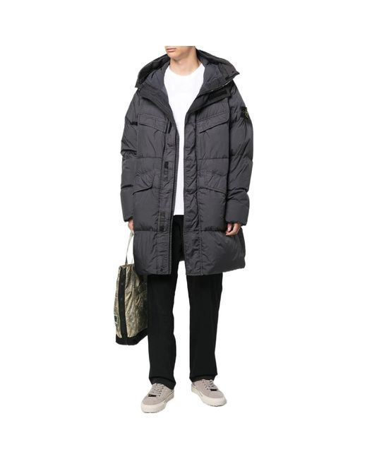Stone Island Gray Crinkle Reps Long Down Coat for men
