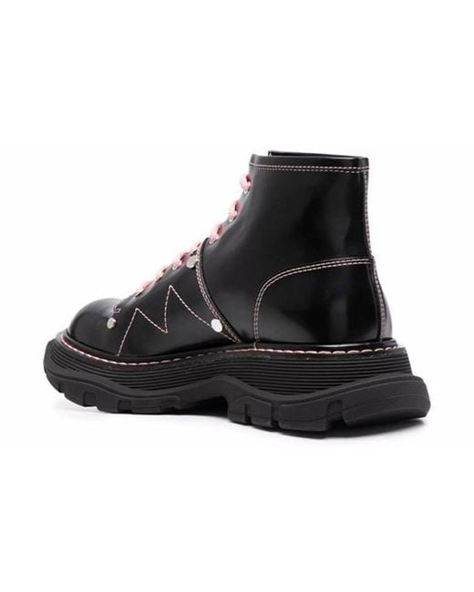McQueen Black (Wmns) Contrast Stitch Tread Lace Up Boots