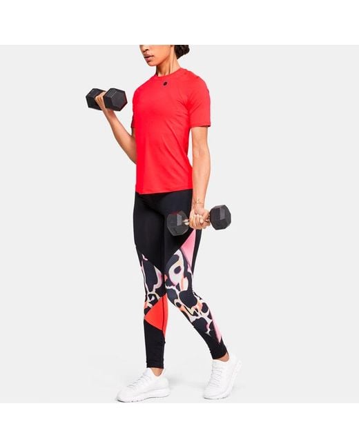 Under Armour Red (Wmns) Rush Training Sports Splicing Breathable Short Sleeve