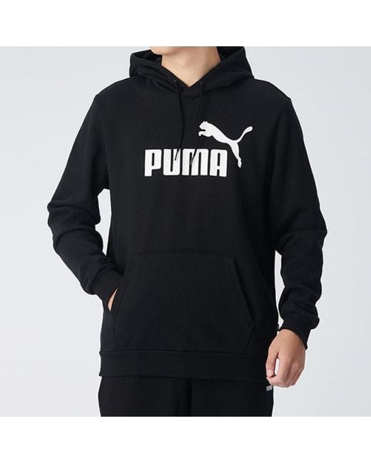PUMA Black Ess Logo Sports Hooded Printed Fleece for men