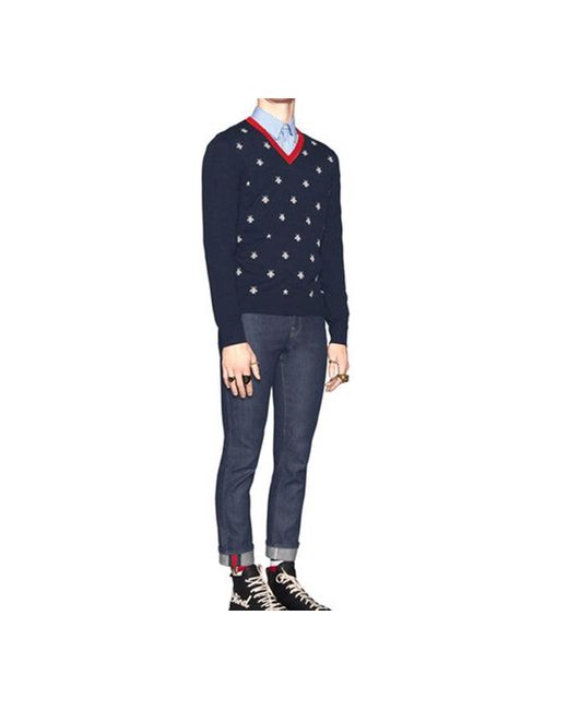 Gucci Blue Bee Print V-Neck Sweater For for men