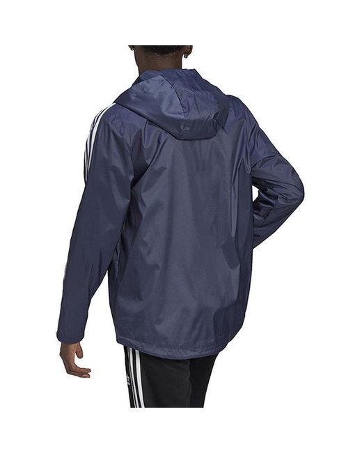 Adidas Blue Originals Logo Micro Mark Stripe Athleisure Casual Sports Hooded Woven Jacket for men
