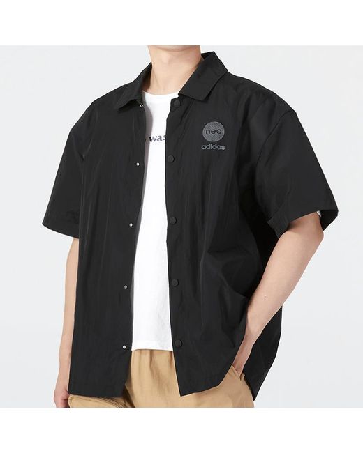 Adidas Black Neo Solid Color Alphabet Logo Printing Athleisure Casual Sports Lapel Short Sleeve Shirt for men