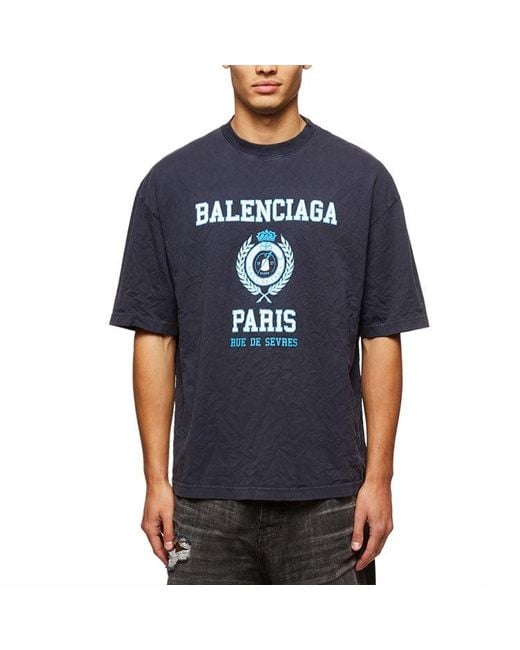 Balenciaga Blue Varsity Logo Short Sleeve T-Shirt for men