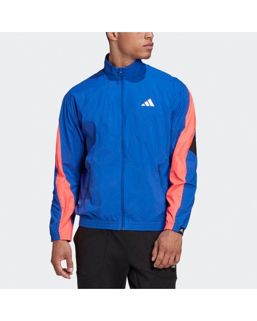 Adidas Blue Urban Q3 Tt Contrast Color Stitching Logo Sports Stand Collar Woven Jacket for men