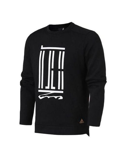 Adidas Black Wj Crew Sroty Printing Pattern Sports Round Neck Pullover for men