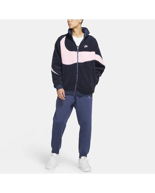 Nike Blue Big Swoosh Large Logo Lamb's Wool Stay Warm Stand Collar Jacket Obsidian Color for men