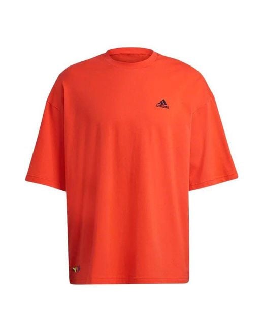 Adidas Red Solid Color Logo Athleisure Casual Sports Round Neck Short Sleeve Couple Style Fluorescence for men