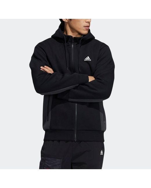 Adidas Blue St Kn Spcr Jkt Contrasting Colors Pocket Knit Sports Hooded Logo Jacket for men