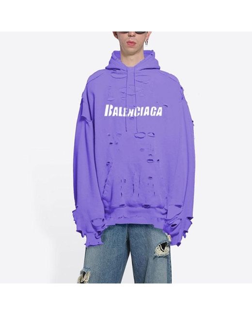 Balenciaga Purple Caps Destroyed Hoodie for men