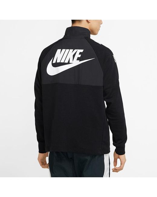 Nike Black Sportswear Hybrid Fleece Lined Large Logo Zipper Cardigan Splicing Pullover for men