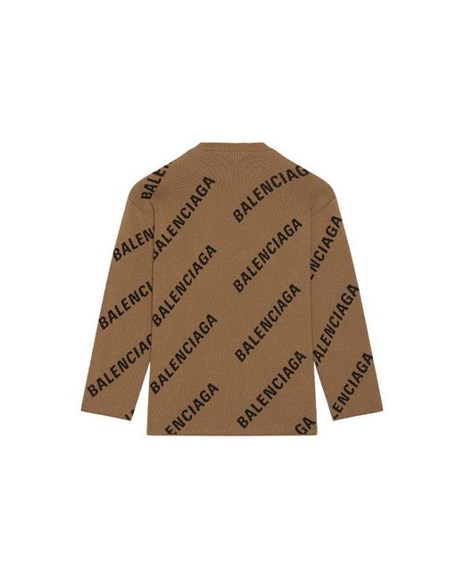 Balenciaga Brown All Over Logo Crewneck Wool Knit Sweater 'Light' for men