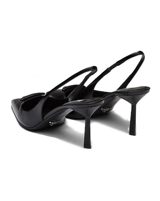 Prada Black (Wmns) Patched Logo Brushed Leather Slingback Heels