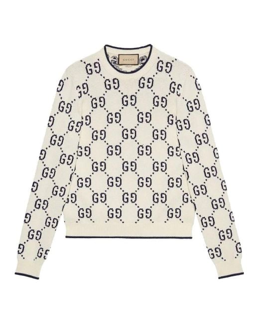 Gucci White Monogram-pattern Ribbed-trim Cotton Jumper for men