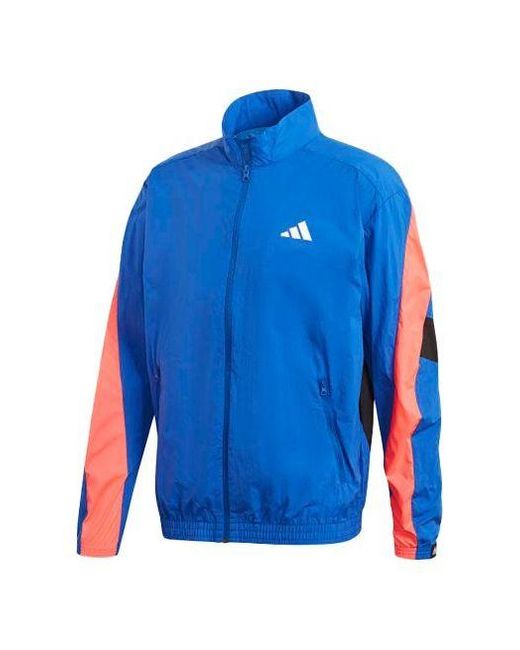 Adidas Blue Urban Q3 Tt Contrast Color Stitching Logo Sports Stand Collar Woven Jacket for men
