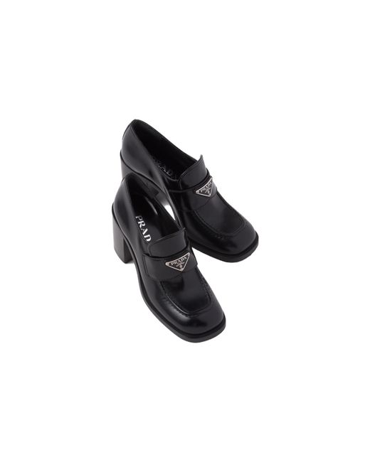 Prada Black (Wmns) Brushed Leather High-Heel Loafers