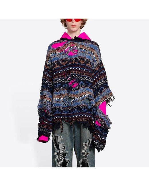 Balenciaga Blue Destroyed Fair Isle Wool-Blend Jumper
