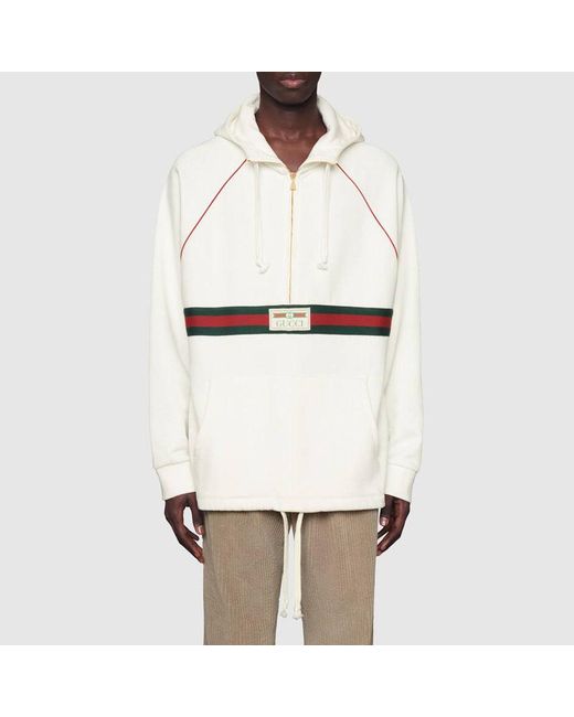 Gucci White Hooded Sweatshirt With Web & Label for men