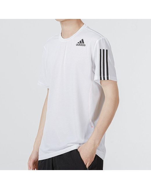 Adidas White Solid Color Stripe Logo Micro Mark Athleisure Casual Sports Round Neck Short Sleeve for men