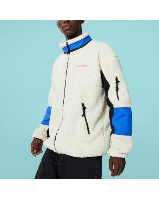 Converse Blue Sherpa Jacket Polar Fleece Stay Warm Colorblock Casual Stand Collar for men