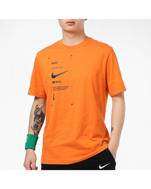 Nike Orange Sportswear Swoosh Club Printing Alphabet Sports Round Neck Short Sleeve for men