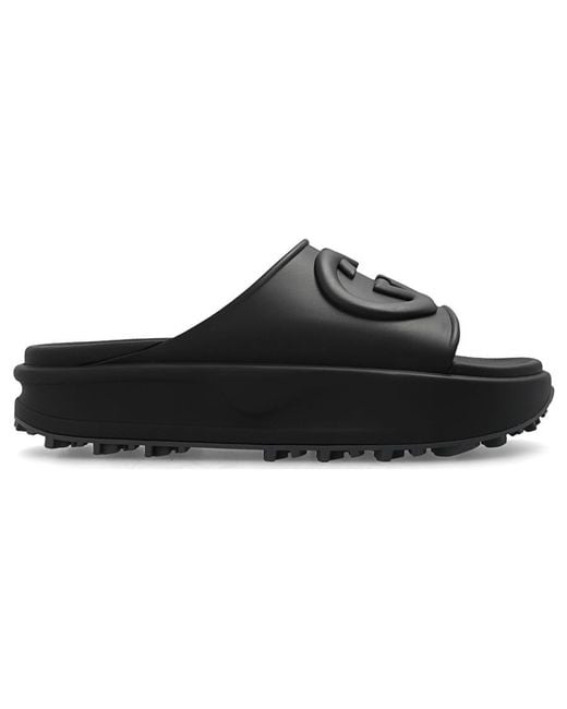 Gucci Black Miami Logo-embossed Rubber Sliders for men