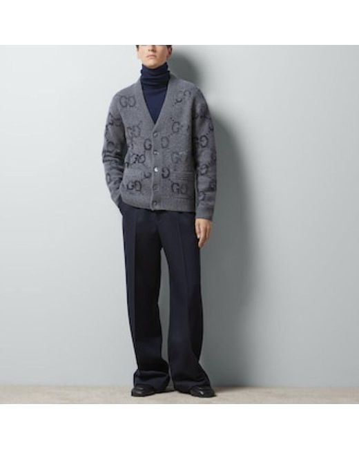 Gucci Gray Wool Cardigan With gg Intarsia for men