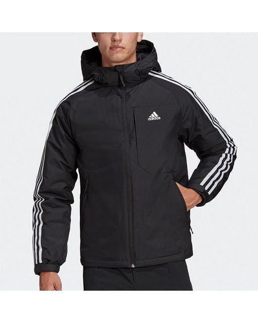 Adidas Black 3St Down Jkt Logo Printing Side Stripe Sports Stay Warm Hooded Down Jacket for men