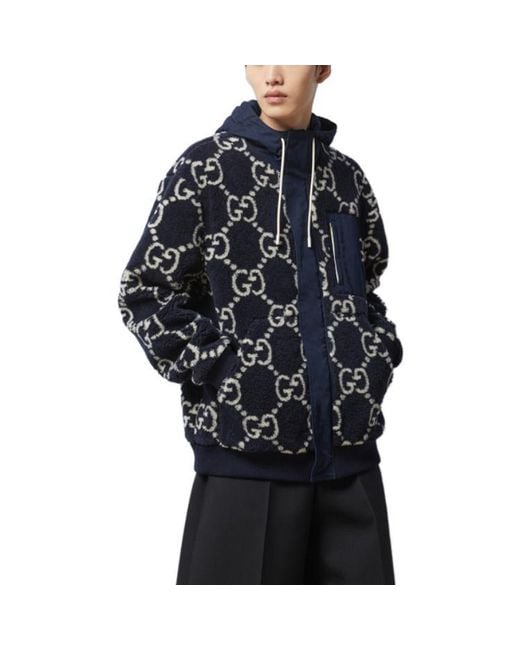 Gucci Blue Gg Fuzzy Fabric Jacquard Jacket 'Dark' for men