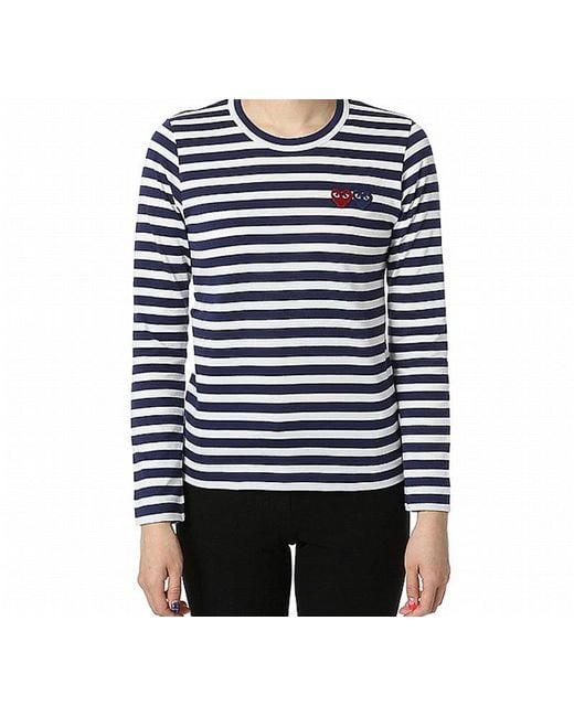 COMME DES GARÇONS PLAY Blue (Wmns) Striped Double Hearts Logo Long Sleeves Tee