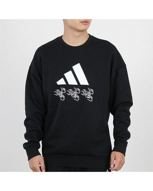 Adidas Blue Logo Applique Hooded Round-Neck Loose Sweater for men