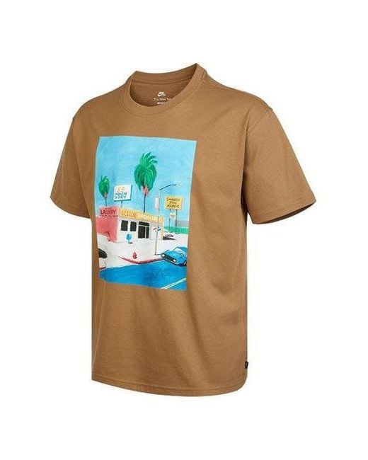 Nike Multicolor Sb Skateboard Cartoon Landscape Pattern Skateboard Round Neck Short Sleeve for men
