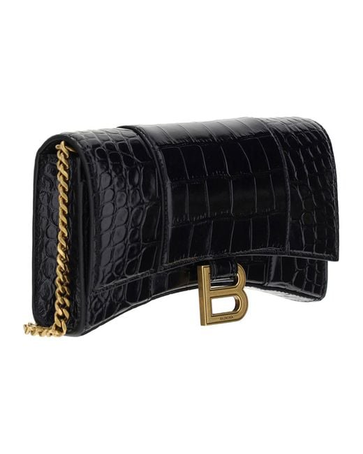 Balenciaga Black (Wmns) Hourglass Wallet On Chain Crocodile Embossed
