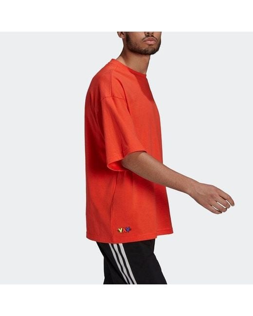 Adidas Red Solid Color Logo Athleisure Casual Sports Round Neck Short Sleeve Couple Style Fluorescence for men