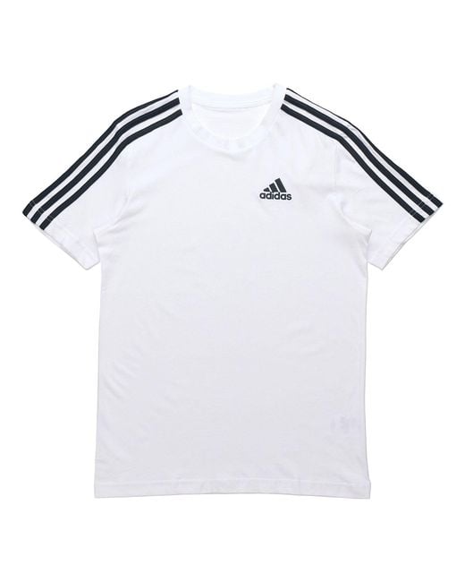 Adidas White M 3S Sj T Sports Training Stripe Round Neck Short Sleeve for men